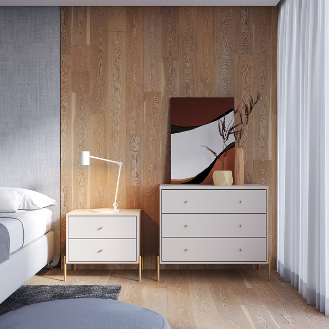 Cômoda 3 Gavetas e Mesa de Cabeceira Jasper Off White com Dourado