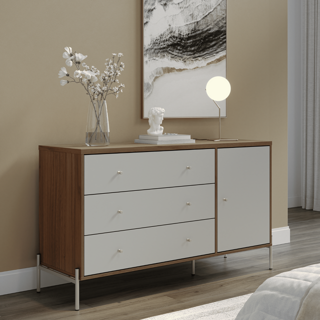 Cômoda com 3 Gavetas e 1 Porta Jasper 138 cm Canella e Off White com Champanhe