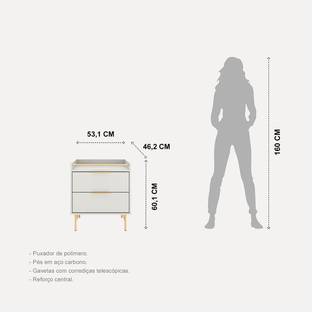 Mesa de Cabeceira c/ 2 Gavetas Yves Off White com Dourado