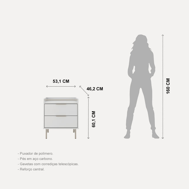 Mesa de Cabeceira c/ 2 Gavetas Yves Branco Fosco c/ Champanhe