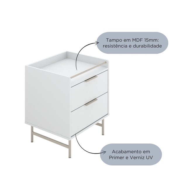 Mesa de Cabeceira c/ 2 Gavetas Yves Branco Fosco c/ Champanhe