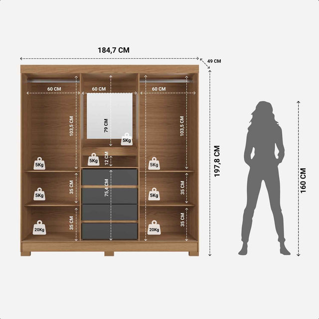 Guarda-Roupa Casal 2 Portas de Correr c/ Espelho Italo Carvalho com Grafite