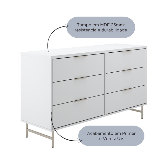 Cômoda 6 Gavetas Yves 135cm Preto Fosco com Champanhe