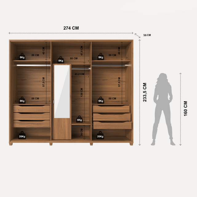 Guarda-Roupa Casal 6 portas 100% MDF com Espelho Interno Rockford 274cm Canella c/ Off White
