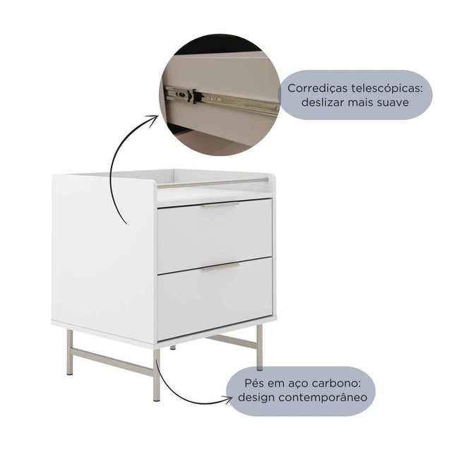 Mesa de Cabeceira c/ 2 Gavetas Yves Off White com Dourado