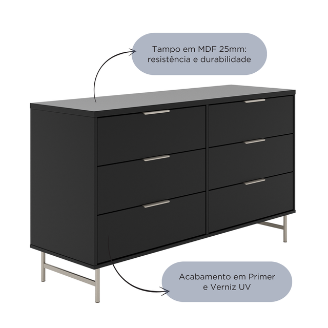 Cômoda 6 Gavetas Yves 135cm Preto Fosco com Champanhe