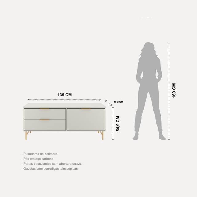 Rack para TVs até 50 Polegadas Yves 135 cm Off White Fosco com Dourado