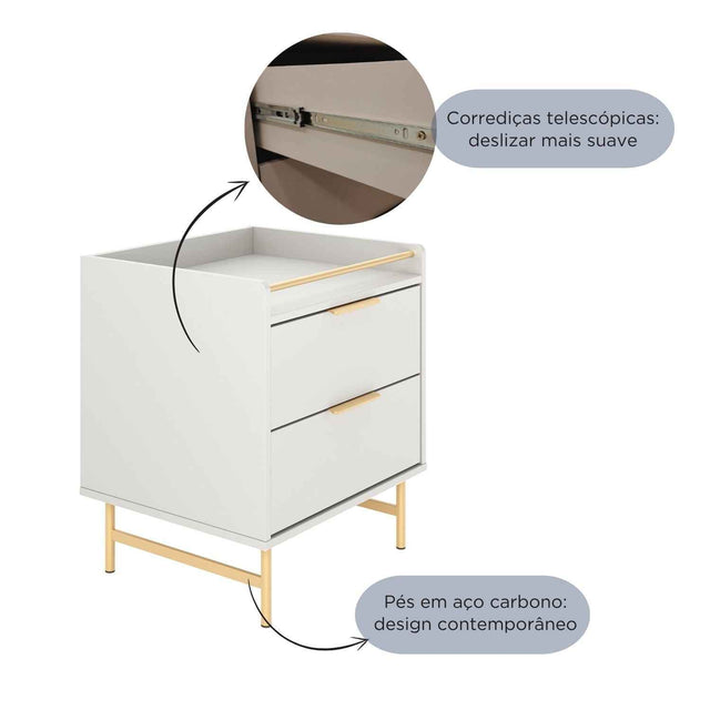Mesa de Cabeceira c/ 2 Gavetas Yves Off White com Dourado