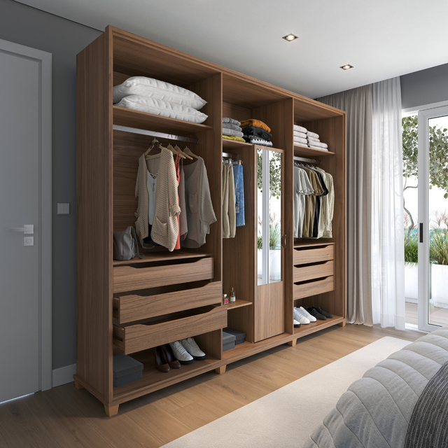 Guarda-Roupa Casal 6 portas 100% MDF com Espelho Interno Rockford 274cm Canella c/ Off White