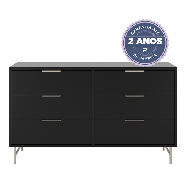 Cômoda 6 Gavetas Yves 135cm Preto Fosco com Champanhe