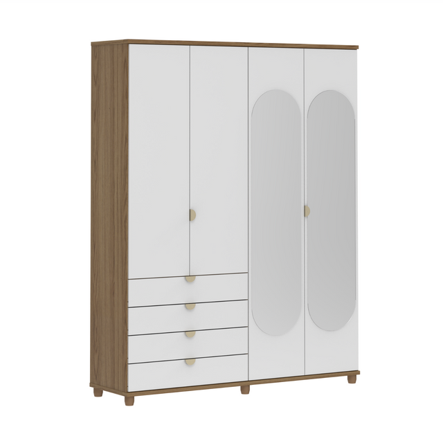 Guarda-Roupa Casal com Espelho 4 Portas 4 Gavetas 100% MDF Look 181 cm - Freijó c/ Branco Fosco - Champanhe