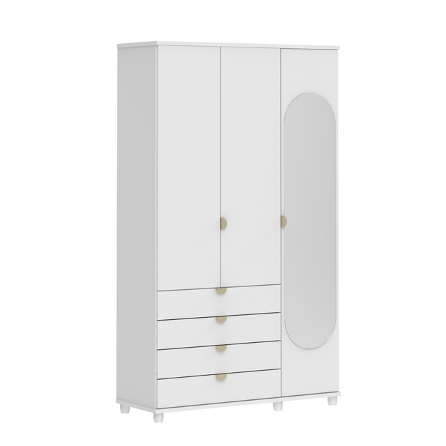 Guarda-Roupa Solteiro com Espelho 3 Portas 4 Gavetas 100% MDF Look 136 cm - Branco Fosco c/ Champanhe