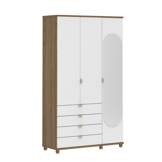 Guarda-Roupa Solteiro com Espelho 3 Portas 4 Gavetas 100% MDF Look 136 cm - Freijó c/ Branco Fosco - Champanhe
