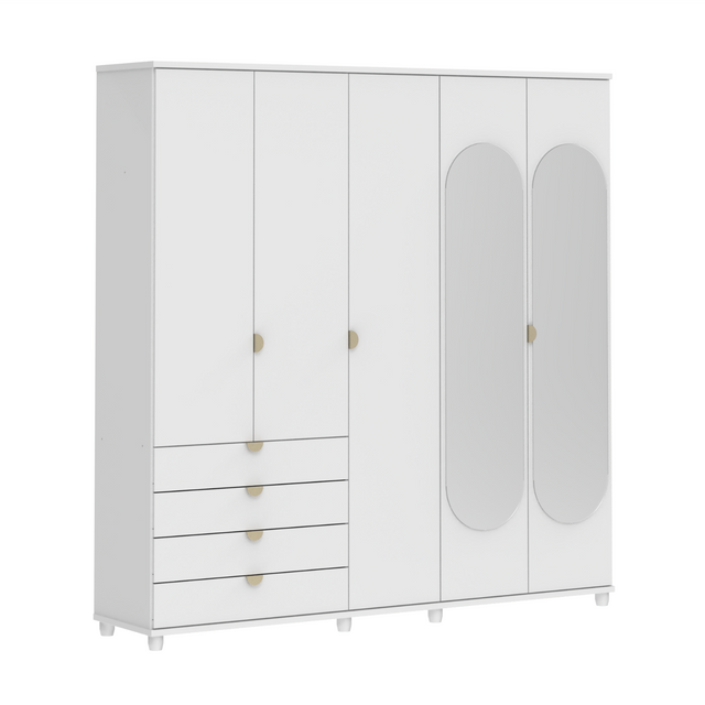 Guarda-Roupa Casal com Espelho 5 Portas 4 Gavetas 100% MDF Look 226 cm - Branco Fosco c/ Champanhe