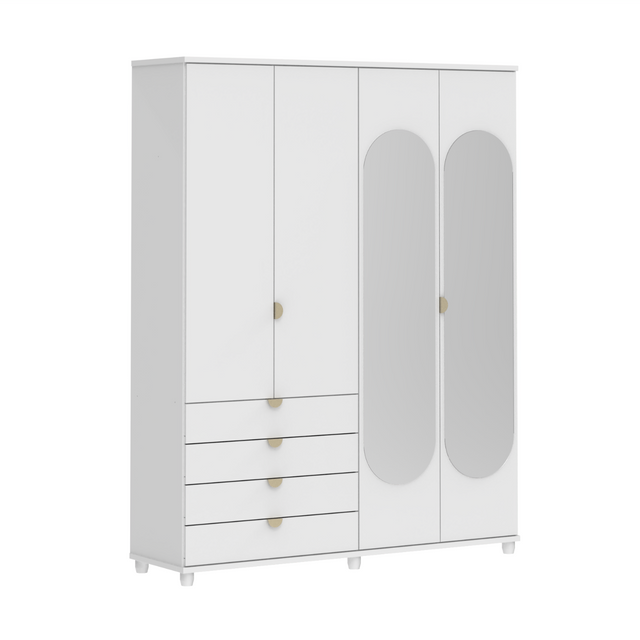 Guarda-Roupa Casal com Espelho 4 Portas 4 Gavetas 100% MDF Look 181 cm - Branco Fosco c/ Champanhe