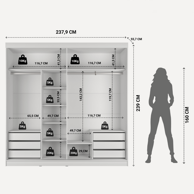 Guarda Roupa Casal 2 Portas de Correr c/ Espelho Gavino 238cm Carvalho