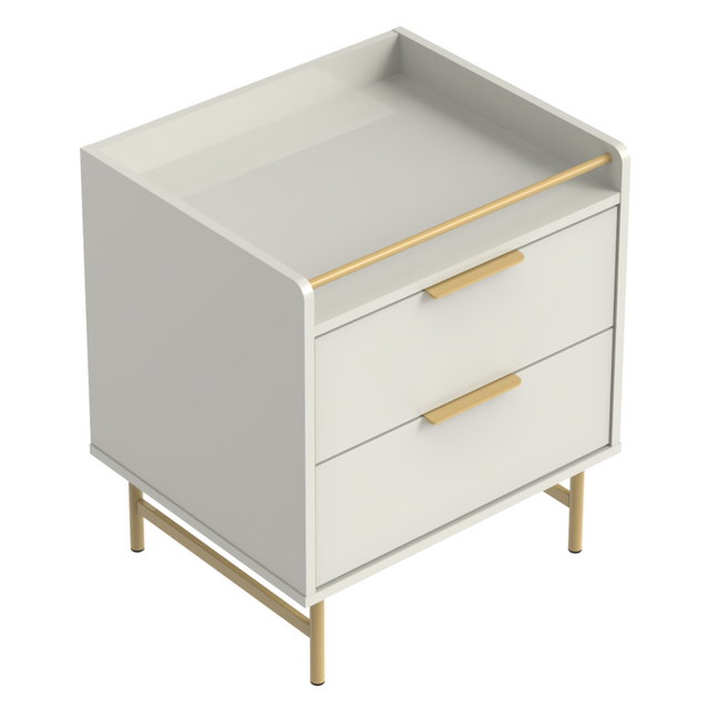 Mesa de Cabeceira c/ 2 Gavetas Yves Off White com Dourado