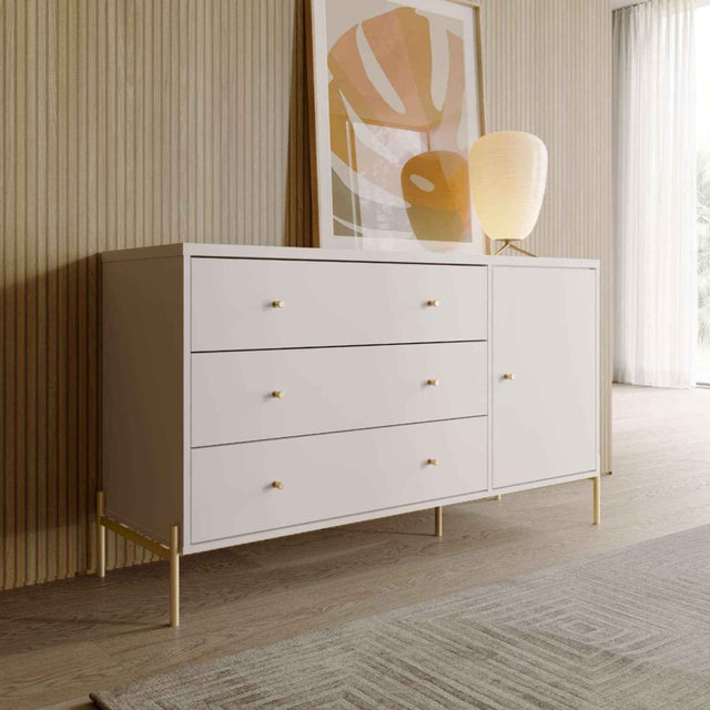 Cômoda com 3 Gavetas e 1 Porta Jasper 138 cm Branco Gloss com Dourado