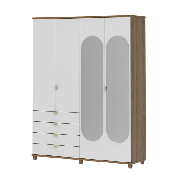 Guarda-Roupa Casal com Espelho 4 Portas 4 Gavetas 100% MDF Look 181 cm - Freijó c/ Branco Fosco - Champanhe