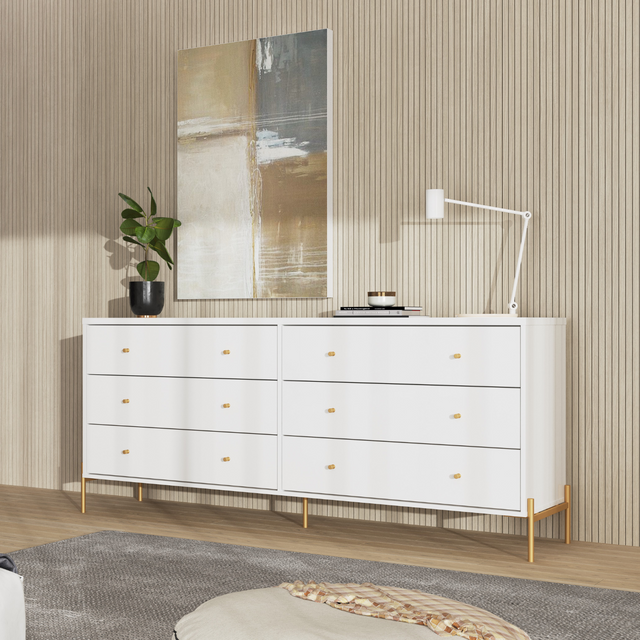Cômoda 6 Gavetas Jasper 182 cm Branco Gloss com Dourado