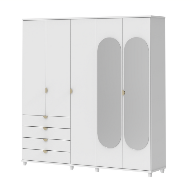 Guarda-Roupa Casal com Espelho 5 Portas 4 Gavetas 100% MDF Look 226 cm - Branco Fosco c/ Champanhe