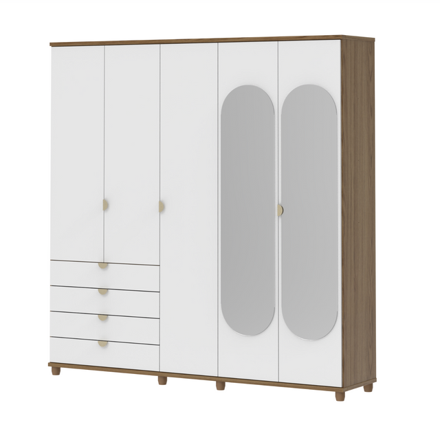 Guarda-Roupa Casal com Espelho 5 Portas 4 Gavetas 100% MDF Look 226 cm - Freijó c/ Branco Fosco - Champanhe