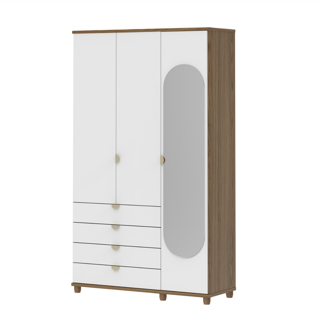 Guarda-Roupa Solteiro com Espelho 3 Portas 4 Gavetas 100% MDF Look 136 cm - Freijó c/ Branco Fosco - Champanhe