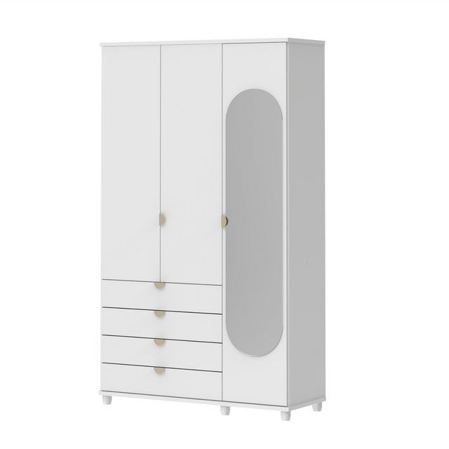 Guarda-Roupa Solteiro com Espelho 3 Portas 4 Gavetas 100% MDF Look 136 cm - Branco Fosco c/ Champanhe