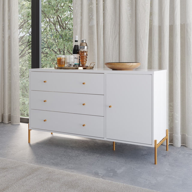 Cômoda com 3 Gavetas e 1 Porta Jasper 138 cm Branco Gloss com Dourado