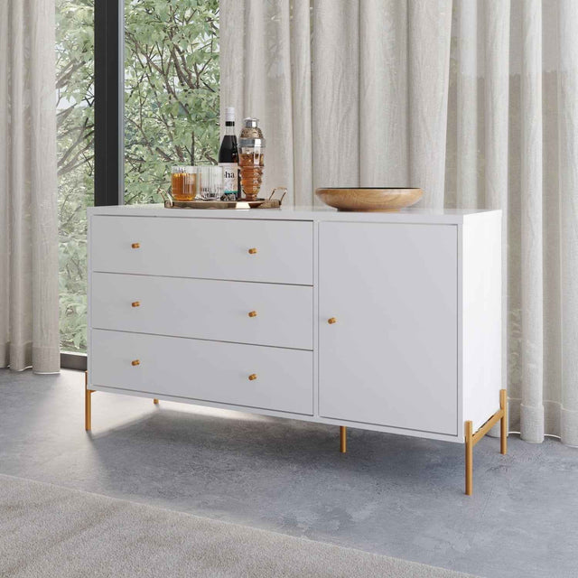 Cômoda com 3 Gavetas e 1 Porta Jasper 138 cm Branco Gloss com Dourado