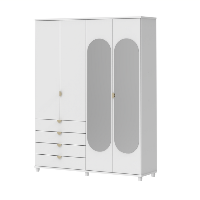 Guarda-Roupa Casal com Espelho 4 Portas 4 Gavetas 100% MDF Look 181 cm - Branco Fosco c/ Champanhe