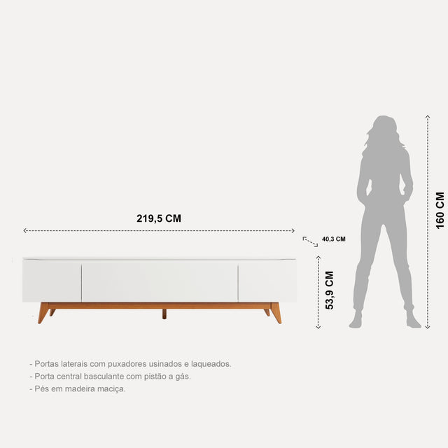 Rack Flynt para TVs até 75 Polegadas 3 Portas 220 cm Branco Fosco com Natural