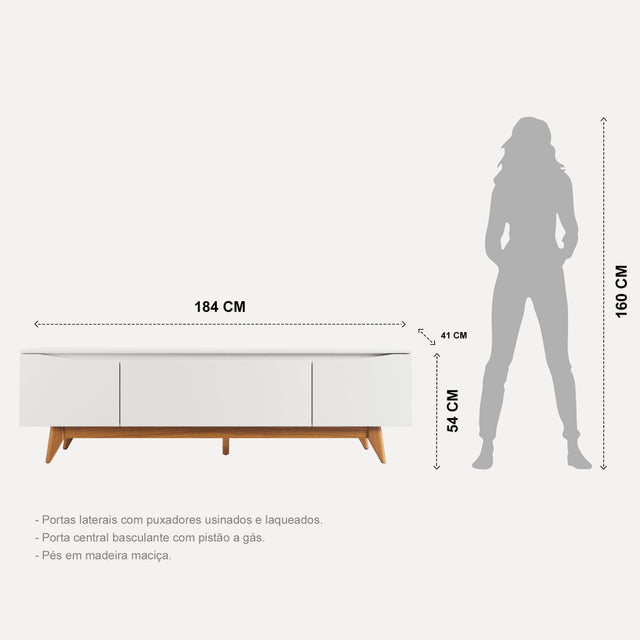 Rack Flynt para TVs até 75 Polegadas 3 Portas 184cm Branco Fosco com Natural