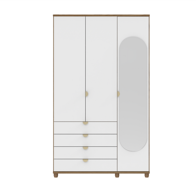 Guarda-Roupa Solteiro com Espelho 3 Portas 4 Gavetas 100% MDF Look 136 cm - Freijó c/ Branco Fosco - Champanhe