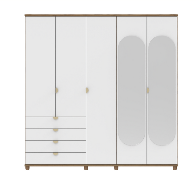 Guarda-Roupa Casal com Espelho 5 Portas 4 Gavetas 100% MDF Look 226cm Freijó c/ Branco Fosco