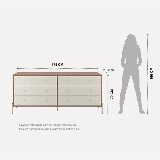 Cômoda 6 Gavetas Jasper 182 cm Off White Fosco com Dourado