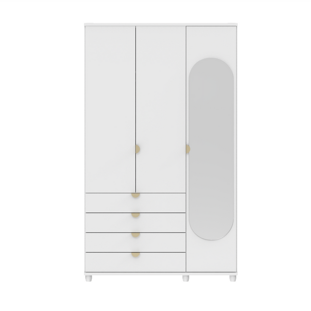 Guarda-Roupa Solteiro com Espelho 3 Portas 4 Gavetas 100% MDF Look 136 cm - Freijó c/ Branco Fosco - Champanhe