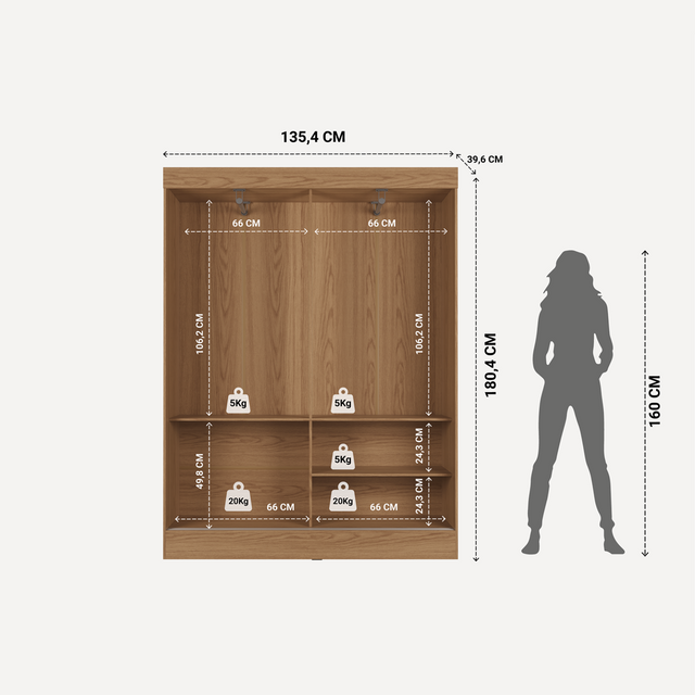 Guarda Roupa Solteiro 2 Portas de Correr Orazio 135cm Carvalho