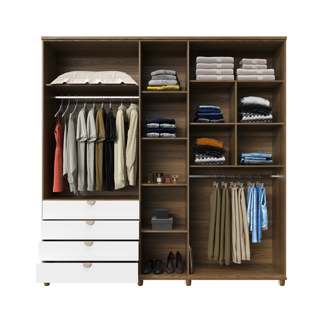 Guarda-Roupa Casal com Espelho 5 Portas 4 Gavetas 100% MDF Look 226cm Freijó c/ Branco Fosco