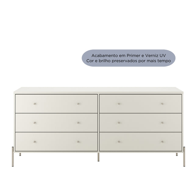 Cômoda 6 Gavetas Jasper 182 cm Off White Fosco com Dourado