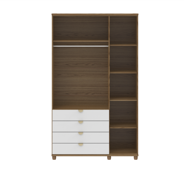 Guarda-Roupa Solteiro com Espelho 3 Portas 4 Gavetas 100% MDF Look 136 cm - Freijó c/ Branco Fosco - Champanhe