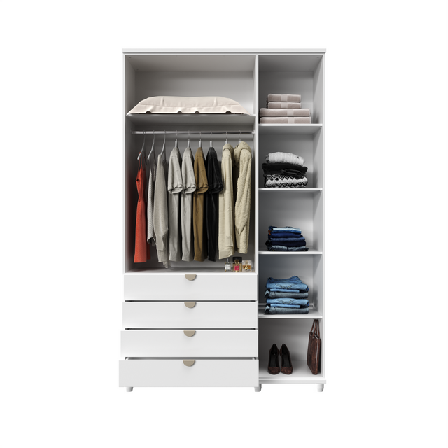 Guarda-Roupa Solteiro com Espelho 3 Portas 4 Gavetas 100% MDF Look 136 cm - Freijó c/ Branco Fosco - Champanhe