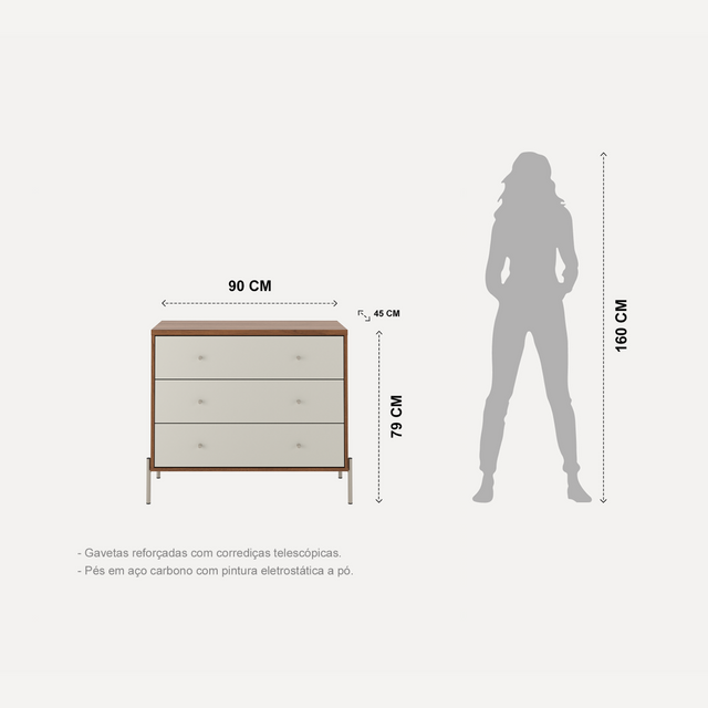 Cômoda com 3 Gavetas Jasper 94cm Off White com Champanhe
