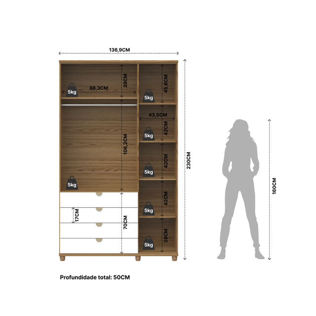 Guarda-Roupa Solteiro com Espelho 3 Portas 4 Gavetas 100% MDF Look 136 cm - Freijó c/ Branco Fosco - Champanhe