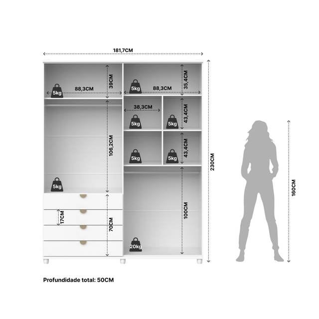 Guarda-Roupa 4 Portas 4 Gavetas com Espelho 100% MDF Look 181cm Freijó com Branco Fosco