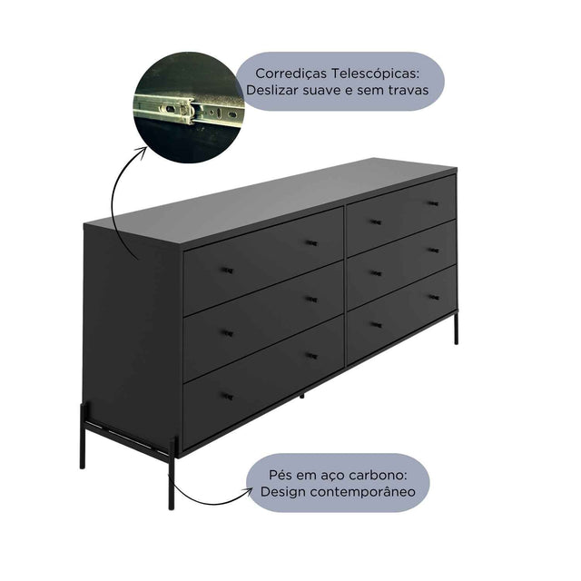 Cômoda 6 Gavetas Jasper 182 cm Branco Gloss com Dourado