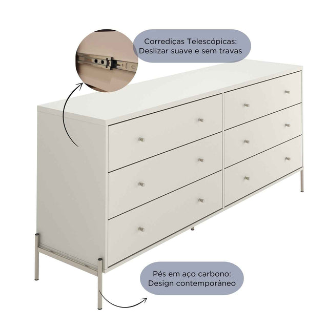 Cômoda 6 Gavetas Jasper 182 cm Branco Gloss com Dourado
