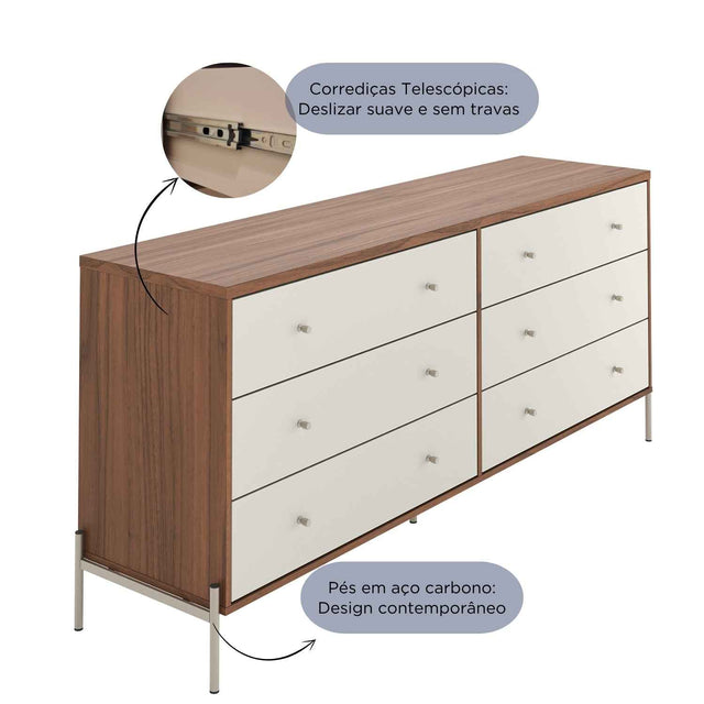 Cômoda 6 Gavetas Jasper 182 cm Branco Gloss com Dourado