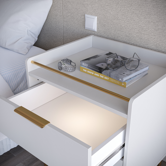Mesa de Cabeceira c/ 2 Gavetas Yves Branco Fosco c/ Champanhe