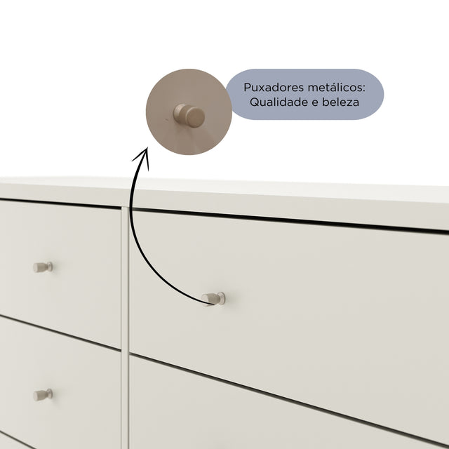 Cômoda 6 Gavetas Jasper 182 cm Off White Fosco com Dourado